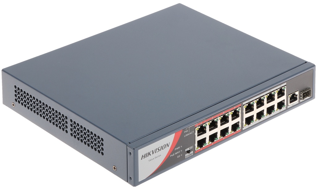 Switch Hikvision 16 PoE ports 10/100M RJ45 , 1 Gigabit RJ45 uplink port, 1 Gigabit SFP uplink port, 130W