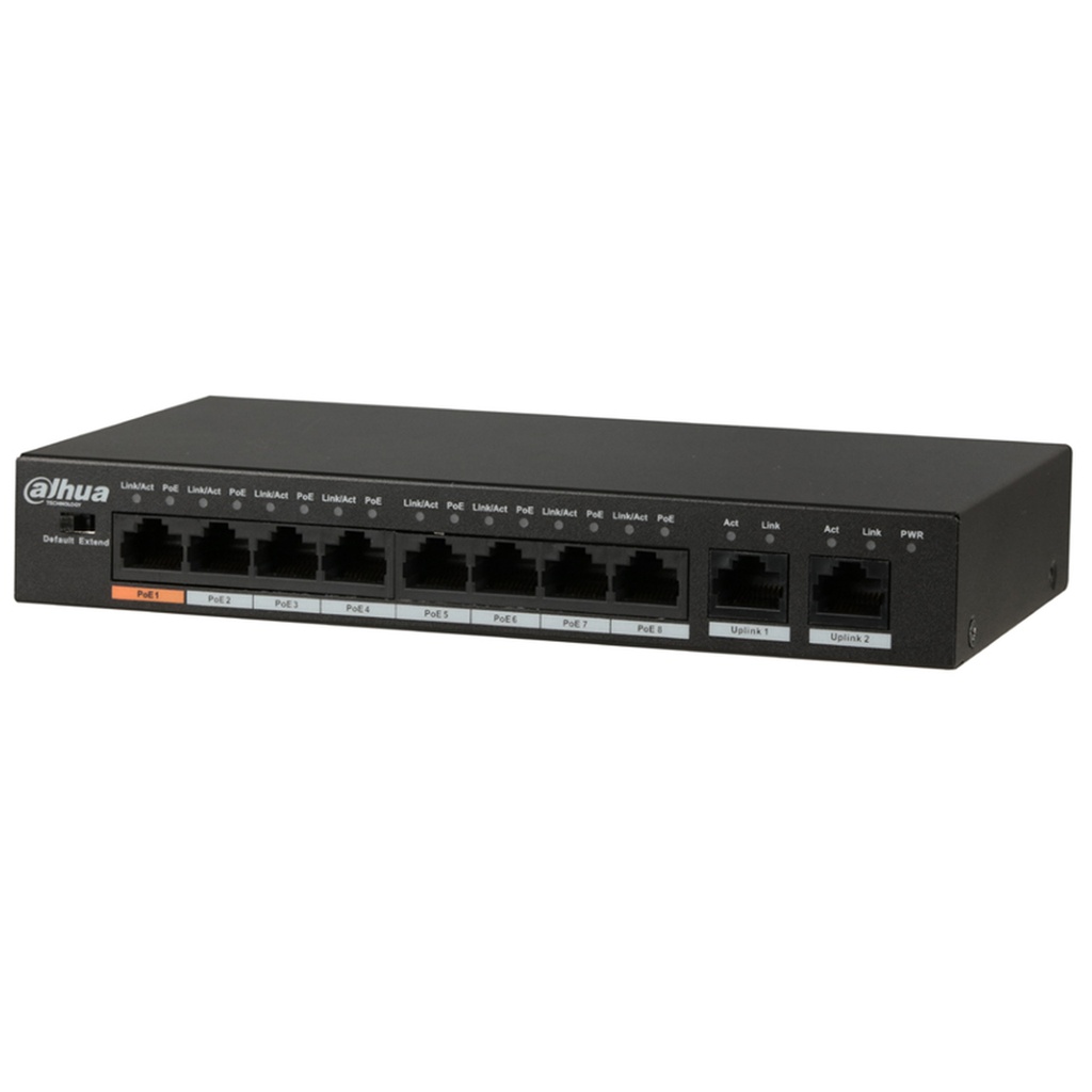 Switch Hi-PoE 8 puertos 10/100 + 2 Uplink Gigabit 96W 802.3at Layer 2 - Modo CCTV 250m