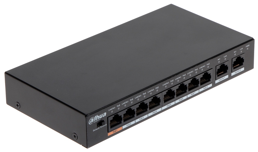 Switch Hi-PoE 8 puertos 10/100 + 2 Uplink Gigabit 96W 802.3at Layer 2 - Modo CCTV 250m