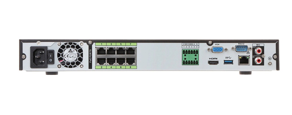 Grabador Dahua NVR 8ch 320Mbps 4K H265 HDMI 8PoE/ePoE/EoC 2HDD E/S Audio Alarma