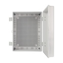 Caja de ABS 400x300x200, impermeable con bisagras plásticas de cierre y placa base