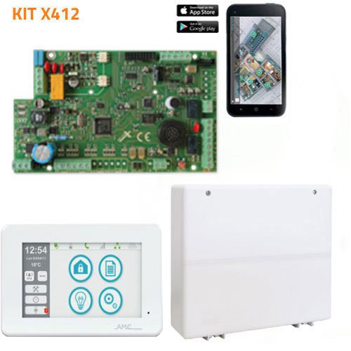 Kit d'Alarme AMC X412 Tactil. 4 Zones Extensible à 12 + Boîtier + Clavier Tactil + Source d'Alimenta
