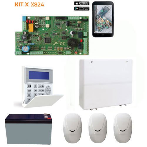 Kit d'Alarme AMC X824 Tactil.  Centrale 8 à 24 Zones + 3 PIR + Clavier + Batterie 4.5A