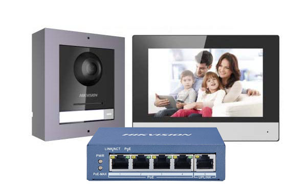 Kit Videoportero IP Estación interior + Estación puerta + Switch + SD 16GB Hikvision