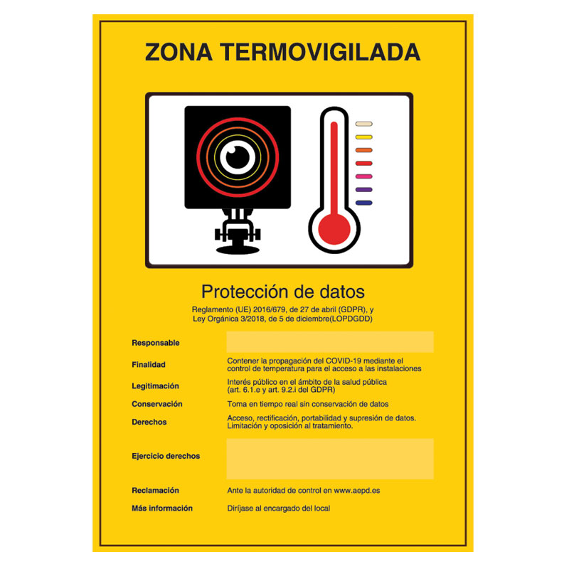 Plaque en plastique de Zone thermo-surveillée pour intérieur/extérieur, homologuée selon la réglementation en vigueur. Espagnol