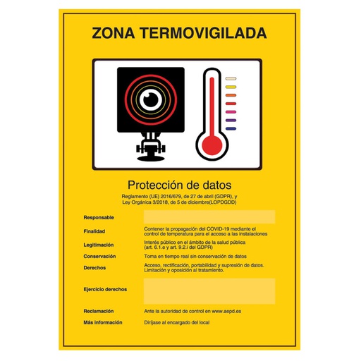 [BSC20570] Plaque en plastique de Zone thermo-surveillée pour intérieur/extérieur, homologuée selon la réglementation en vigueur. Espagnol