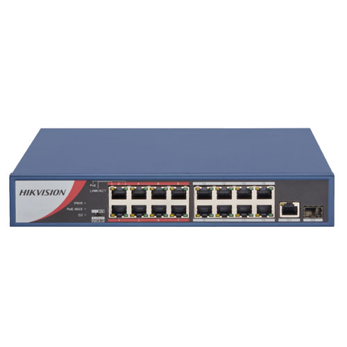 Hikvision 16-Port 100 Mbps Long-Range Unmanaged PoE Switch , 1 Gigabit RJ45 uplink port, 1 Gigabit SFP uplink port, 130W