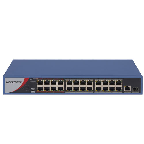 Switch Hikvision 24 puertos PoE 10/100M RJ45, 1 puerto Gigabit RJ45, 1 puerto Gigabit SFP, 230W