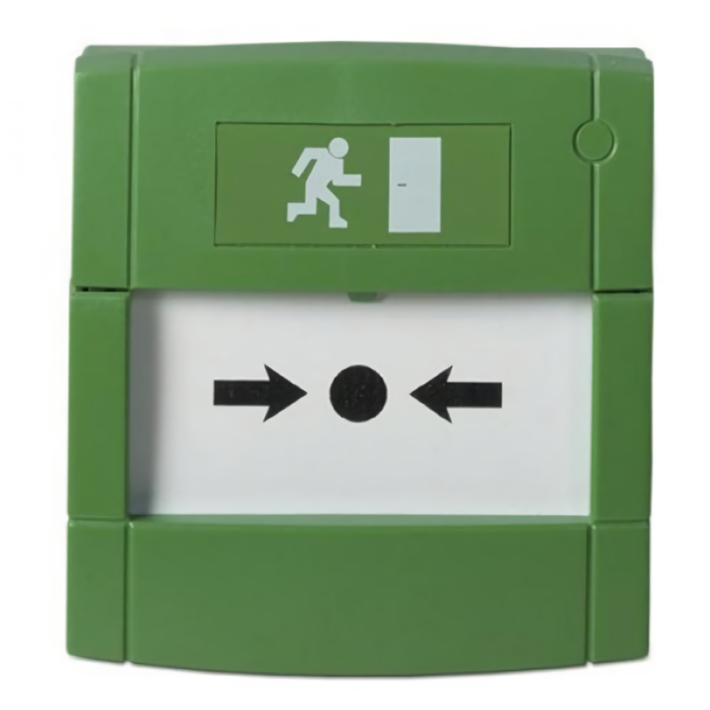 Bouton-poussoir incendie conventionnel Aritech / Kilsen, Montage en saillie, Réinitialisable avec clé de réarmement, Couleur Vert, Verre DM175. IP67  inclus