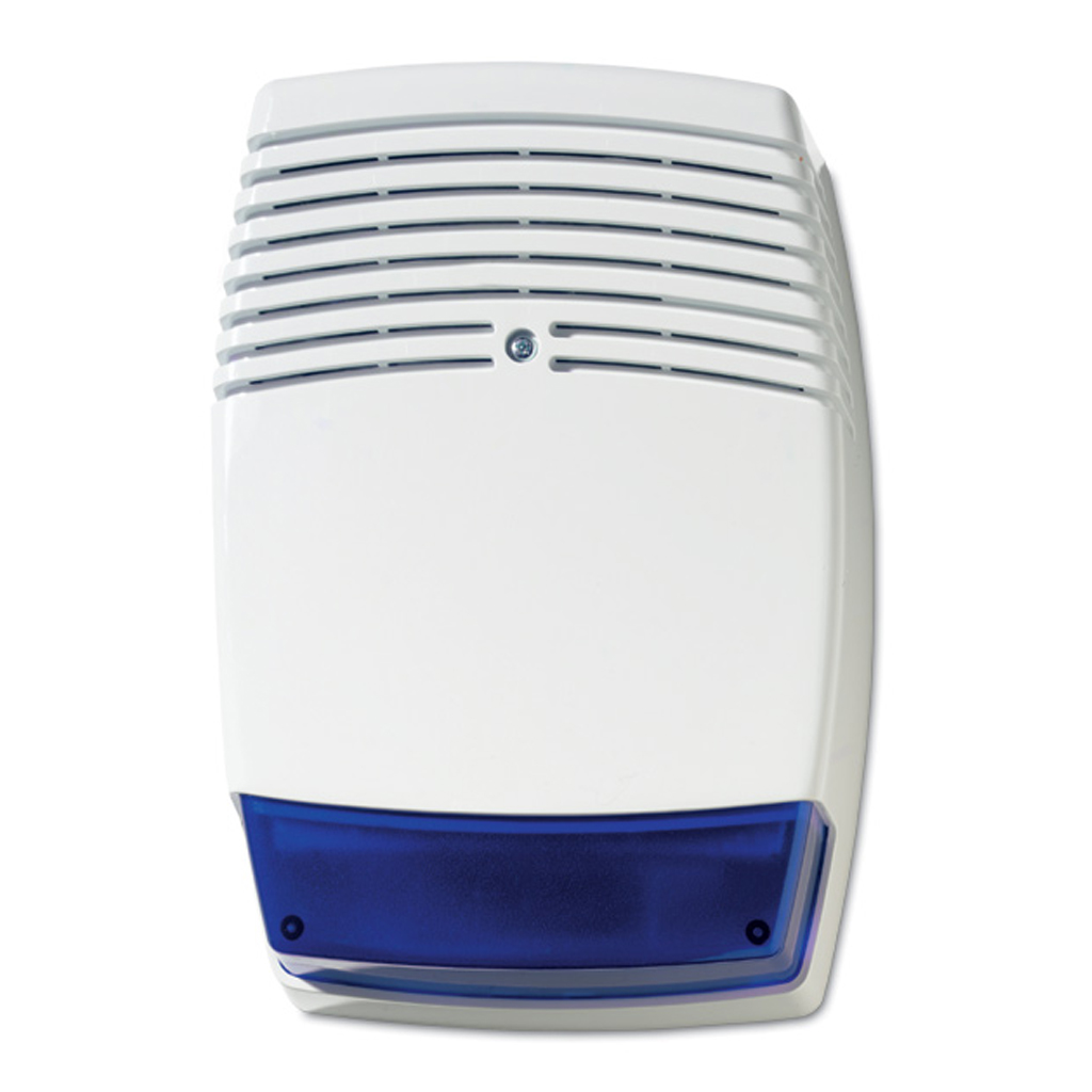Sirena intrusión Aritech de exterior autoalimentada con protección metálica interna. Cableada. Color blanco con lente azul. G3.