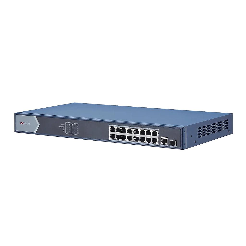 Switch PoE no administrado Gigabit 16 puertos 1 RJ45 1 fibra óptica SFP Hikvision
