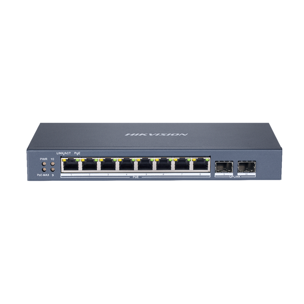 Switch 8 PoE + 10/100/1000 Mbps ports 2 SFP ports Uplink Hik ProConnect Intelligent management Hikvision  