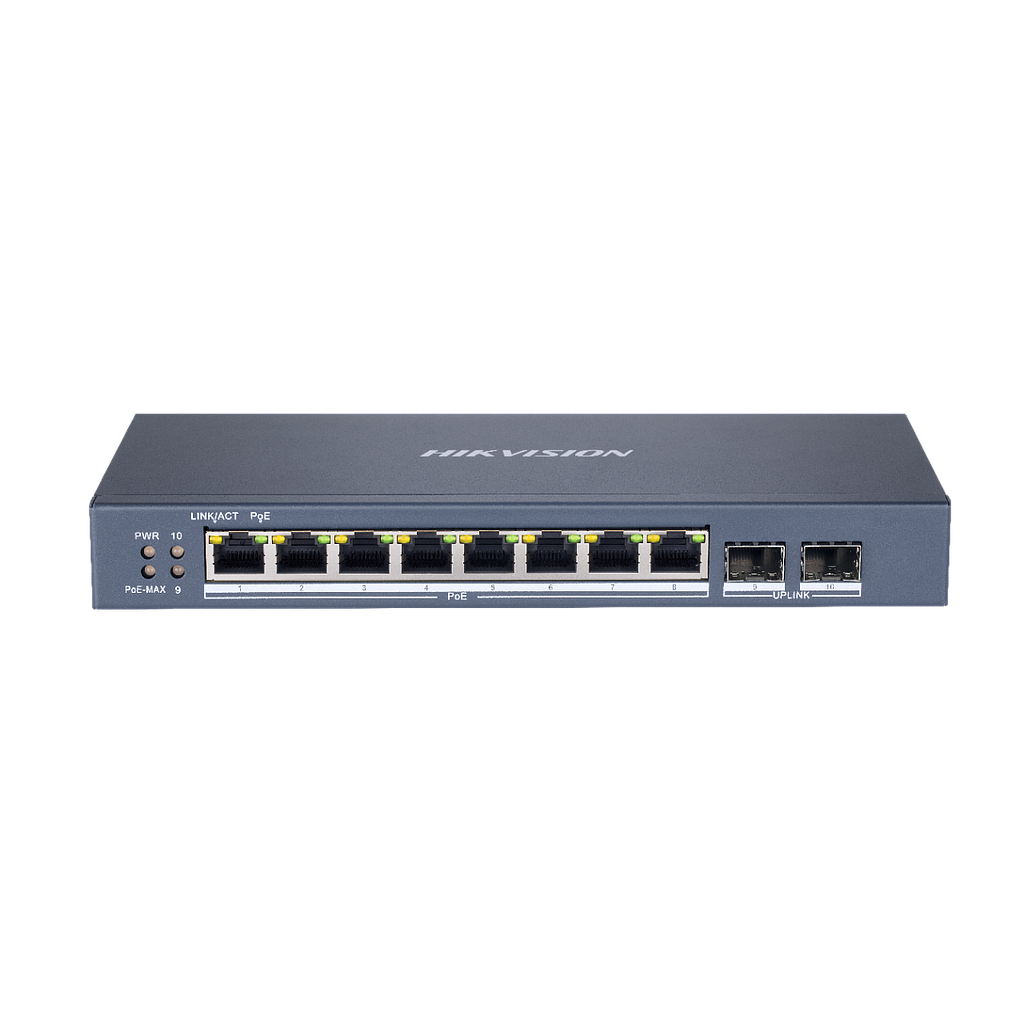 Switch 8 puertos PoE+ 10/100/1000 Mbps 2 Puertos SFP Uplink Gestión inteligente Hikvision