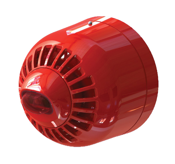 Sirène optique-acoustique analogique intérieure avec flash rouge. Mur profil bas base rouge Aritech