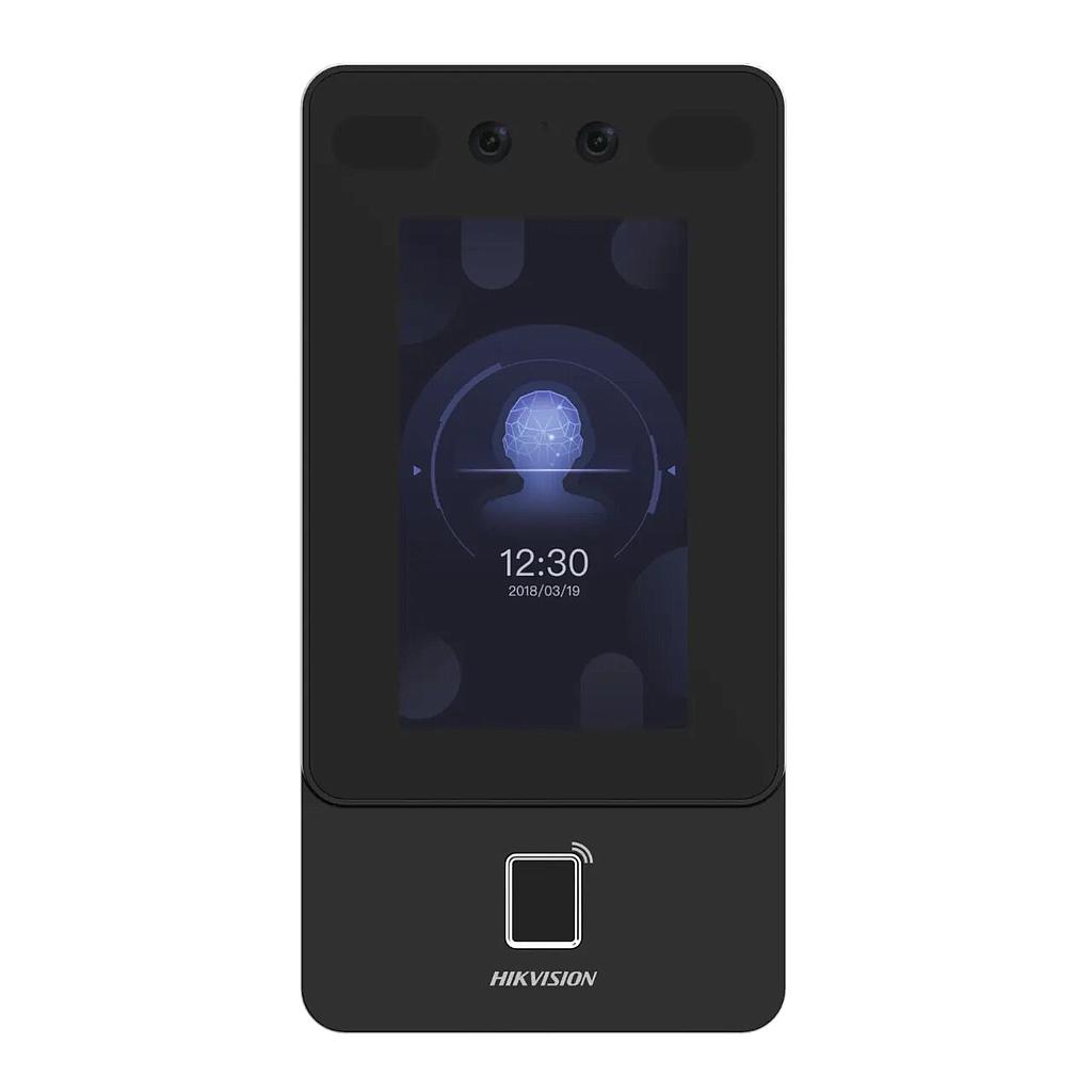Terminal accesos Reconocimiento facial tarjeta Mifare huella pantalla táctil 4.3" Cámara 2MP Lente dual gran angular Hikvision