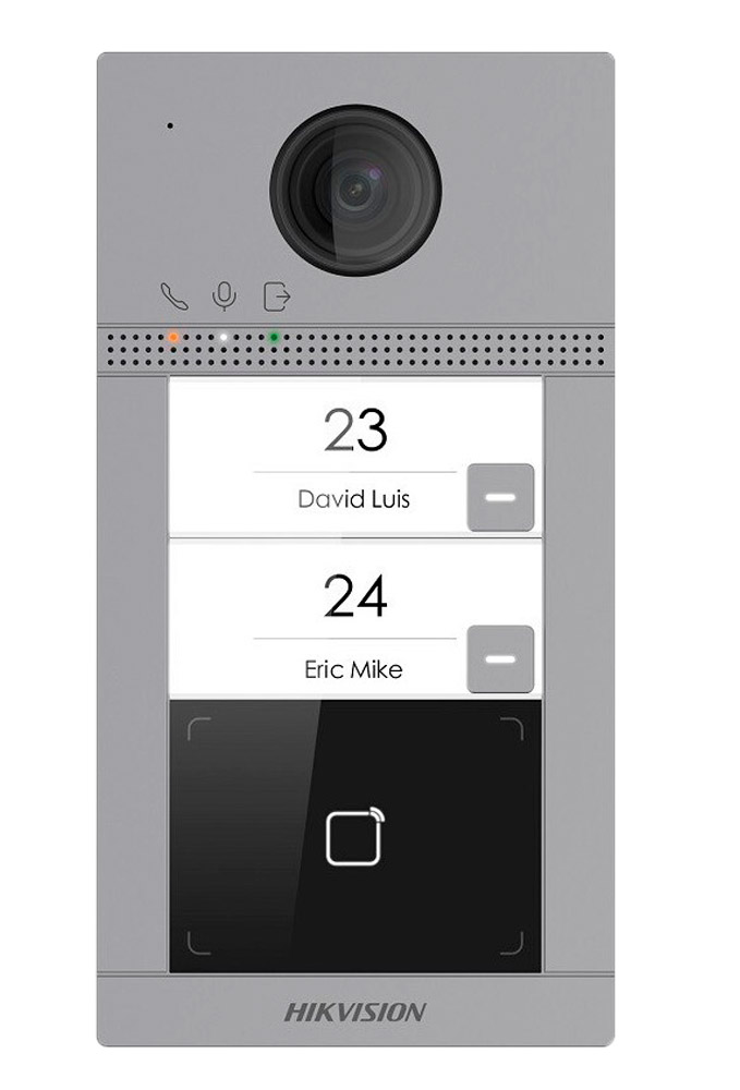 Placa de calle Videoportero cámara 2MP 2 botones (2 apartamentos) Tarjeta MF Superficie IK08 Aluminio Hikvision