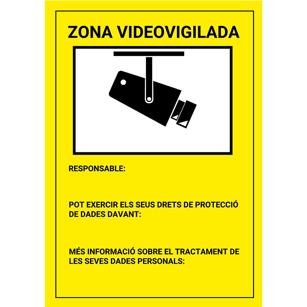 Placa / cartel en catalán de Zona Videovigilada plástico para interior/exterior. Homologado según normativa vigente