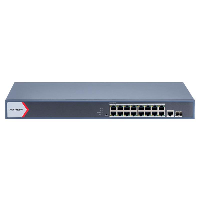 Switch 16 puertos PoE+ 10/100/1000 Mbps, 1 puerto Gigabit RJ45, 1 puerto óptico Gigabit