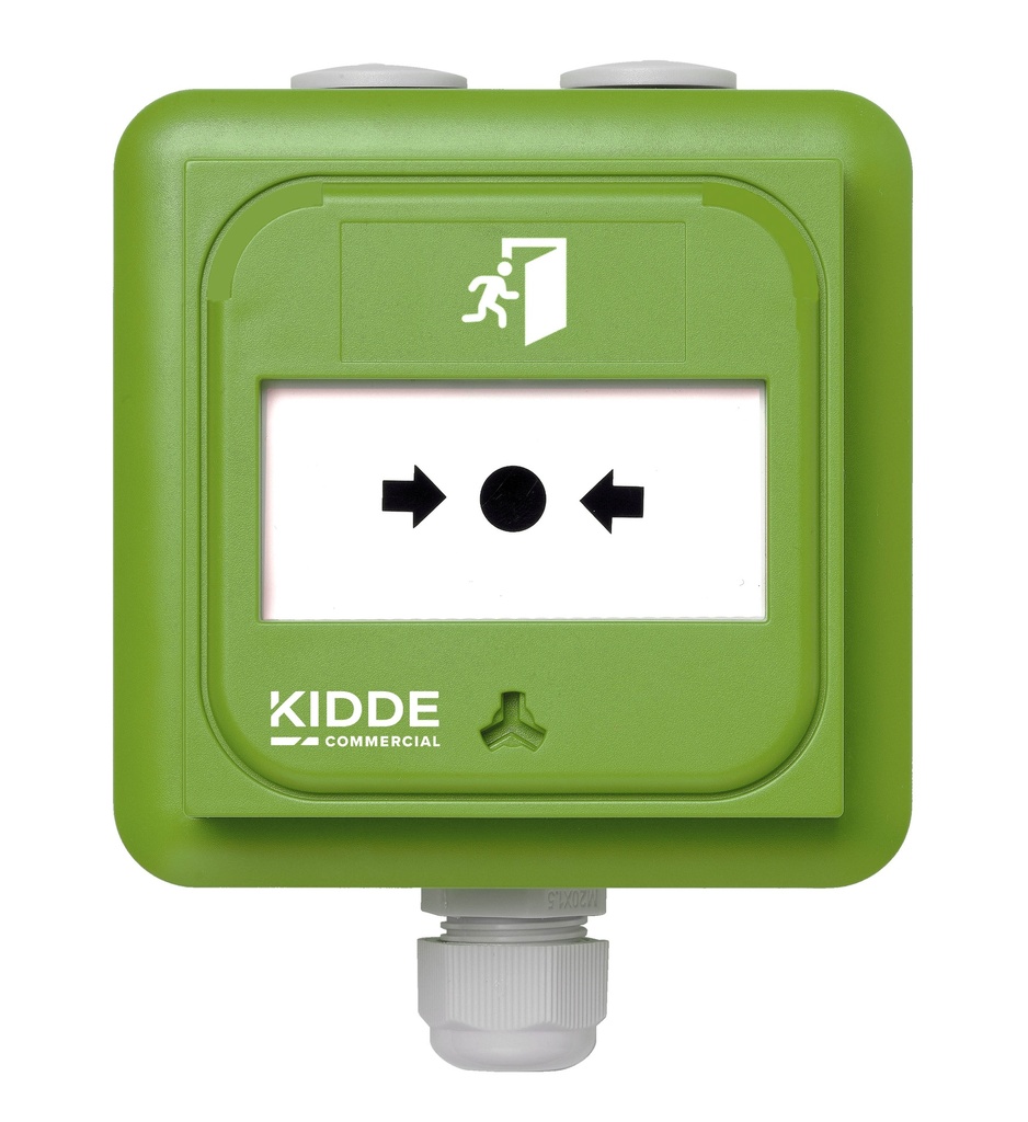 Pulsador manual diseñado para puertas de seguridad y evacuación de color verde IP67 contacto normalmente abierto en serie con una resistencia de 0 Ω