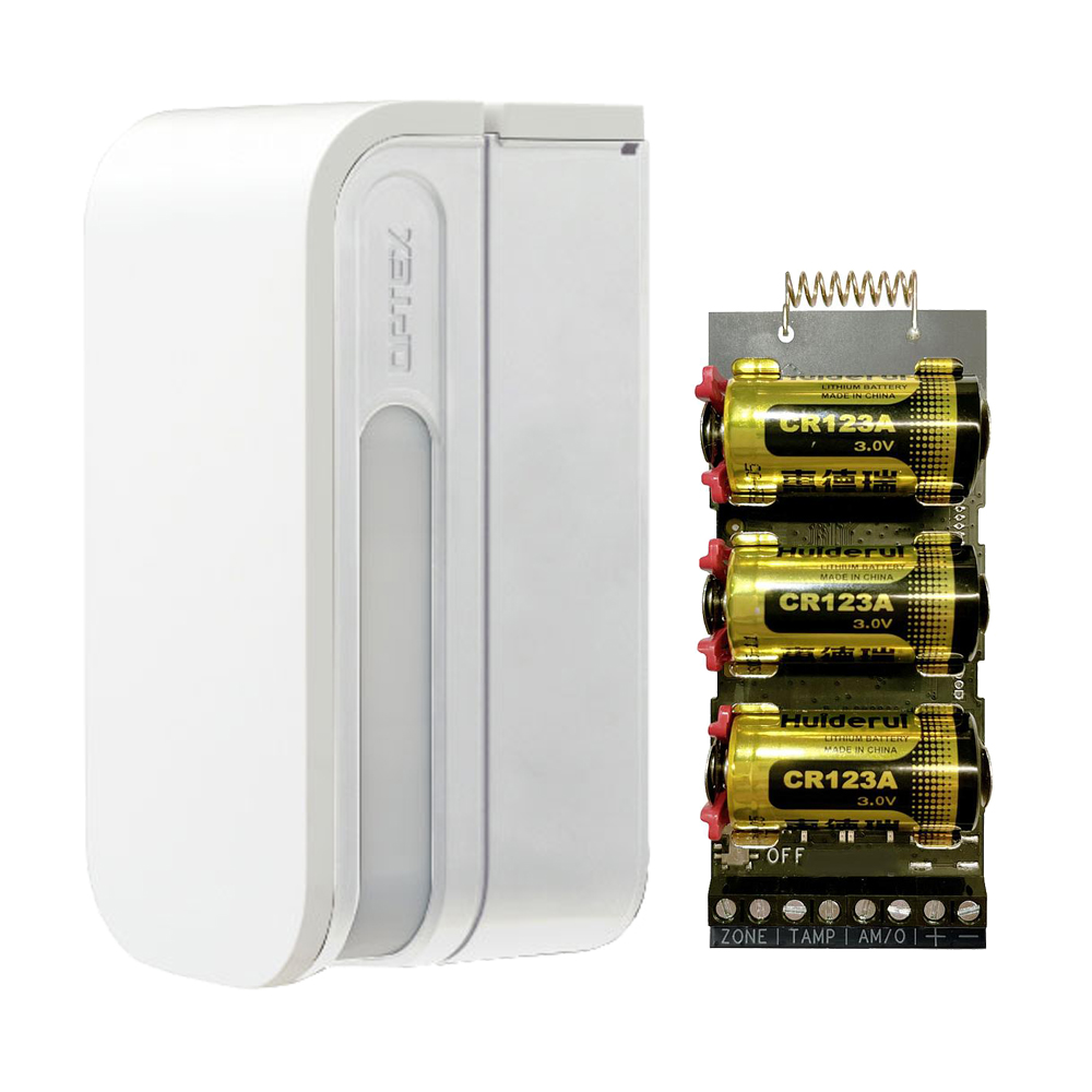 Detector PIR dual Cortina Exterior 12m por lado (sensor dual) vía radio Optex + Transmisor vía Radio AXPRO Hikvision