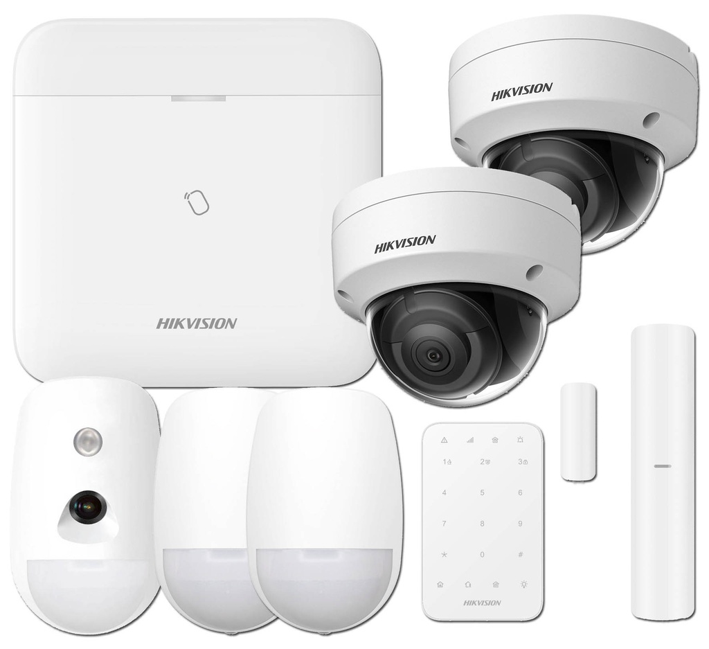 Kit AXPRO 868MHz 96 zonas Hikvision Panel + Teclado + PIR CAM + 2 Detectores + 1 PIRCAM + Contacto + 2 Domo IP 4MP 2.8mm
