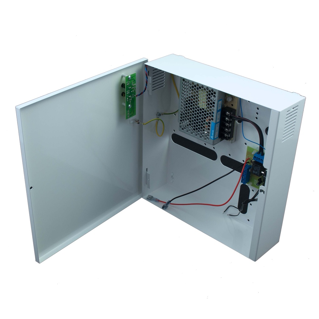 Fuente de alimentación 12V - 4A con caja y espacio para batería respaldo 7Ah (no incluida)