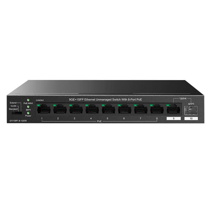 Switch Ethernet 9GE+1SFP con 8 puertos PoE.