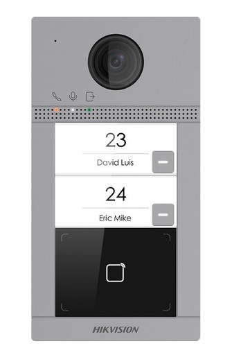 [DS-KV8213-WME1(C)] Placa de calle Videoportero cámara 2MP 2 botones (2 apartamentos) Tarjeta MF Superficie IK08 Aluminio